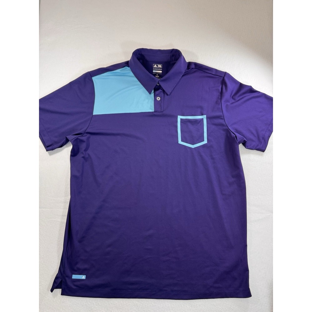 Adidas Puremotion Mens Golf Polo XL Purple/Blue Color Block Front Pocket EUC
